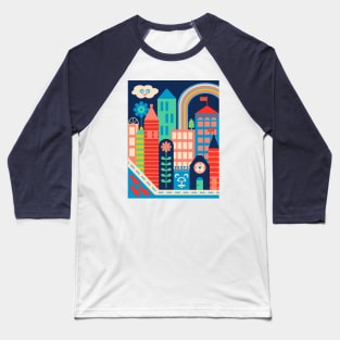 CITY KIDS Cityscape Cute Kawaii Cloud Buildings Rainbow Flower and Hidden Bear Face - UnBlink Studio by Jackie Tahara Baseball T-Shirt